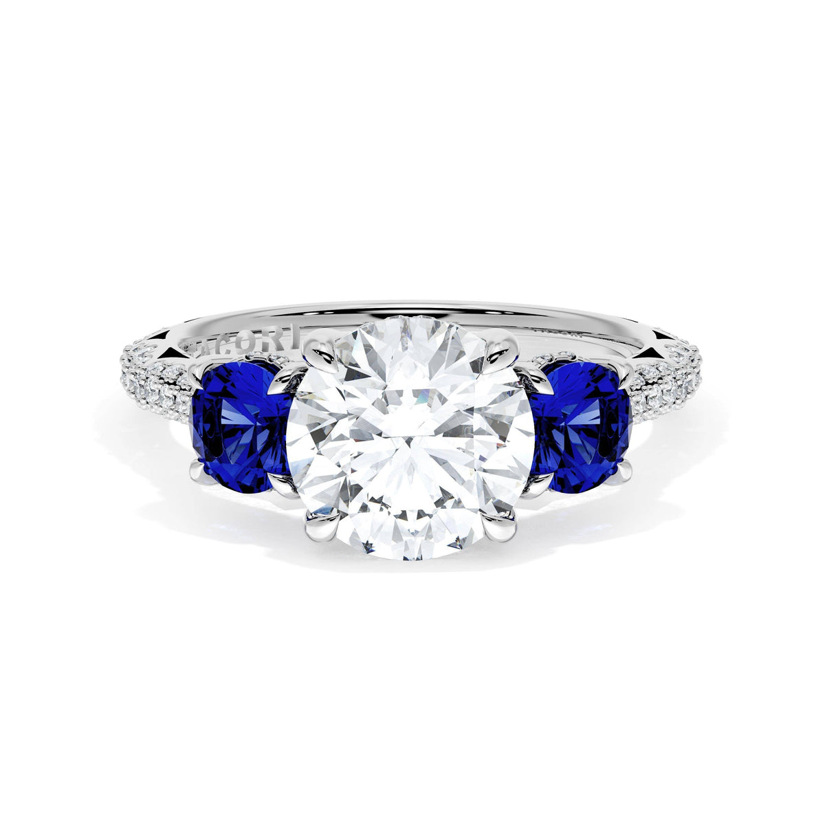 Round 3-Stone Engagement Ring in Blue Sapphire