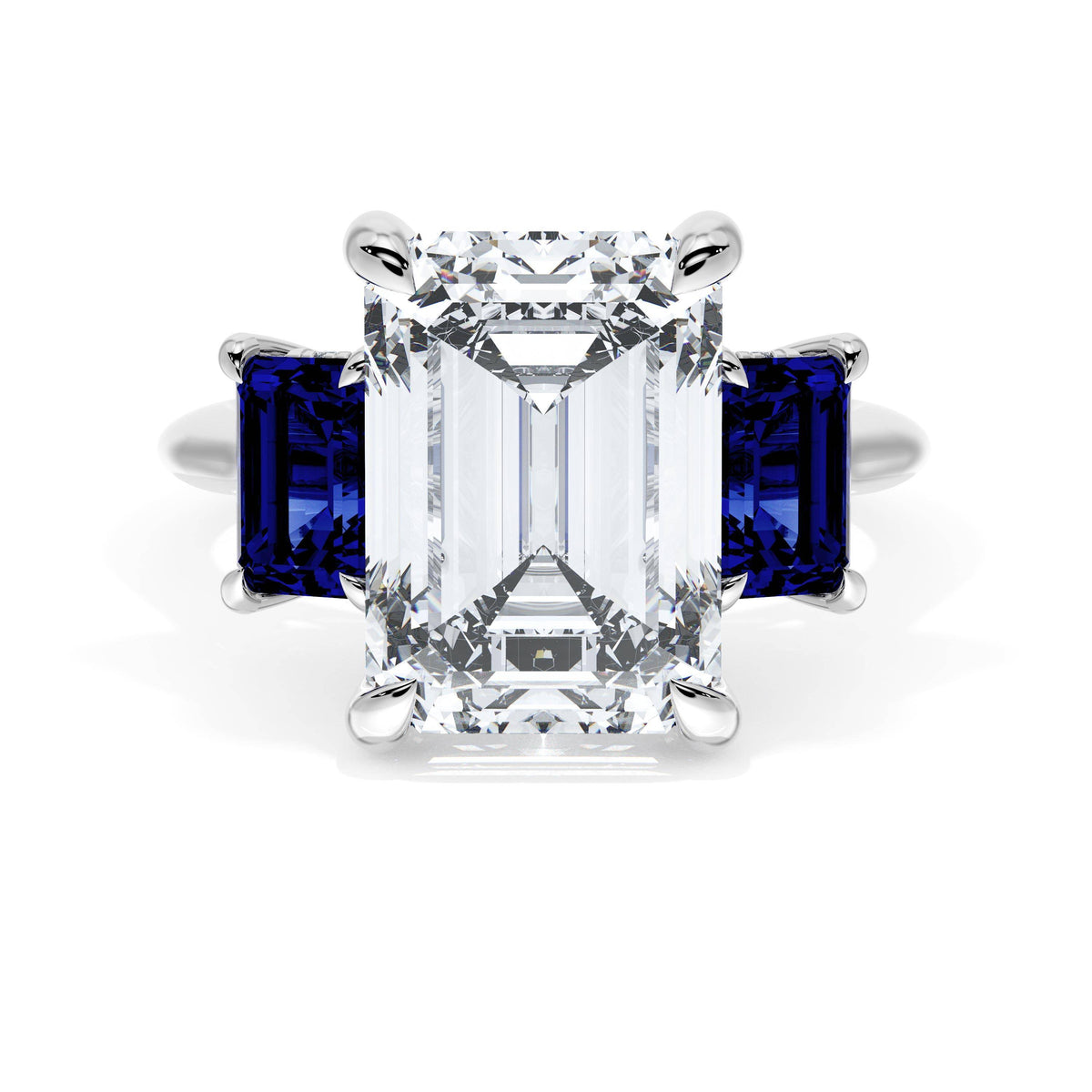 Emerald 3-Stone Engagement Ring in Blue Sapphire