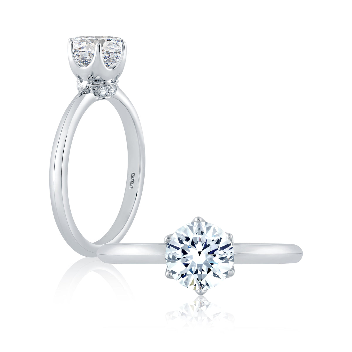 From the Classics collection, this 6 prong solitaire engagement ring features a high shine shank and a touch of pave diamonds under the crown. ME1689/204