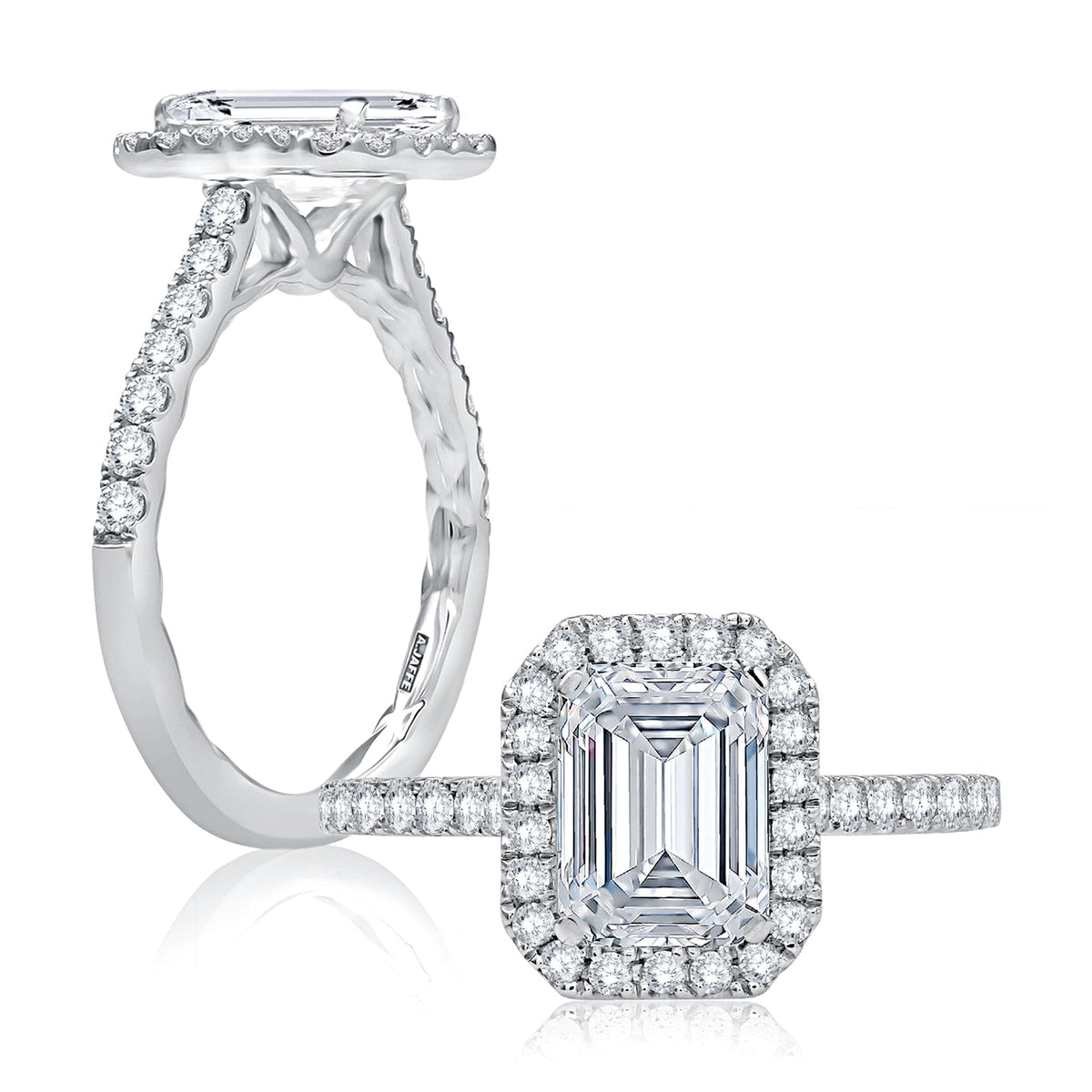 Emerald Cut Diamond Halo Engagement Ring with Quilted Interior ME2051Q/148B