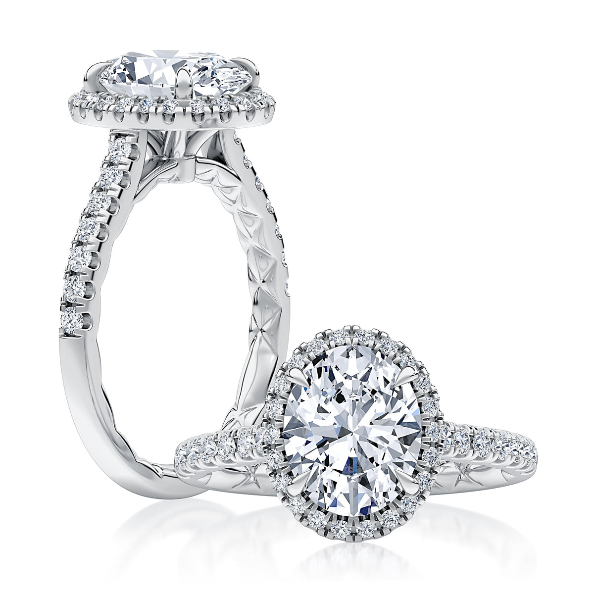 Oval Cut Diamond Engagement Ring with Oval Shaped Halo and Diamond Pave Band MECOV2920Q/239B