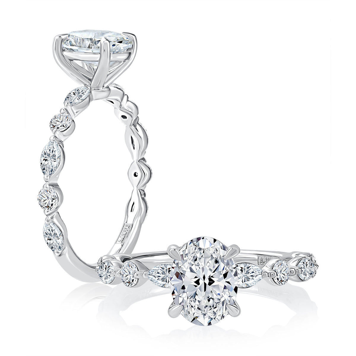 Floating Alternating Round and Marquise Band Oval Center Engagement Ring MECOV2929T/162B