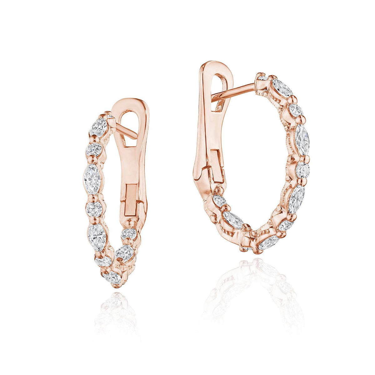 Marquise and Round Small Diamond Hoop Earrings in 18kt Rose Gold