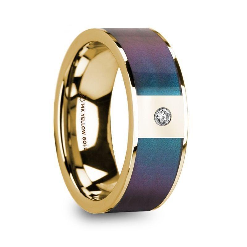 EUSEBIOS 14k Polished Yellow Gold Men's Ring with Blue/Purple Color Changing Inlay & Diamond - 8mm - Thorsten Rings