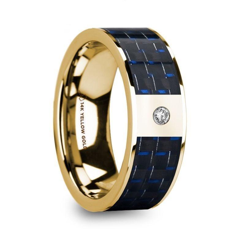 FLAVIA Men's 14k Yellow Gold Flat Wedding Ring with Diamond Center & Blue/Black Carbon Fiber Inlay - 8mm - Thorsten Rings