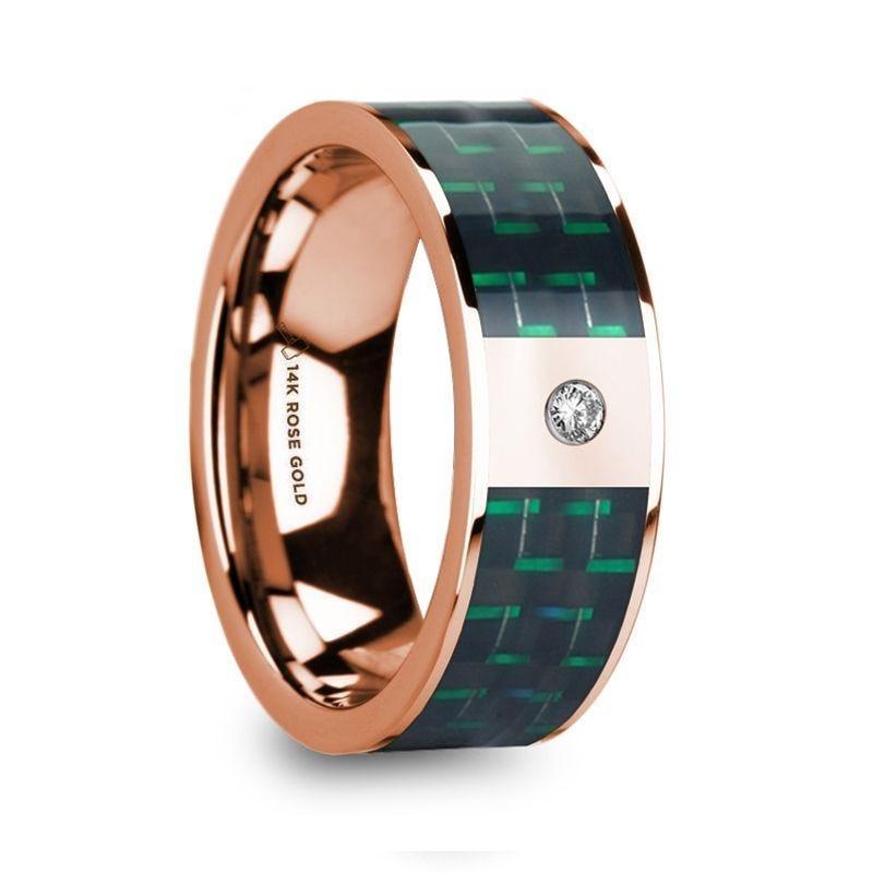 ISAAKIOS Diamond Accented 14k Rose Gold Men's Wedding Ring with Black & Green Carbon Fiber Inlay - 8mm - Thorsten Rings