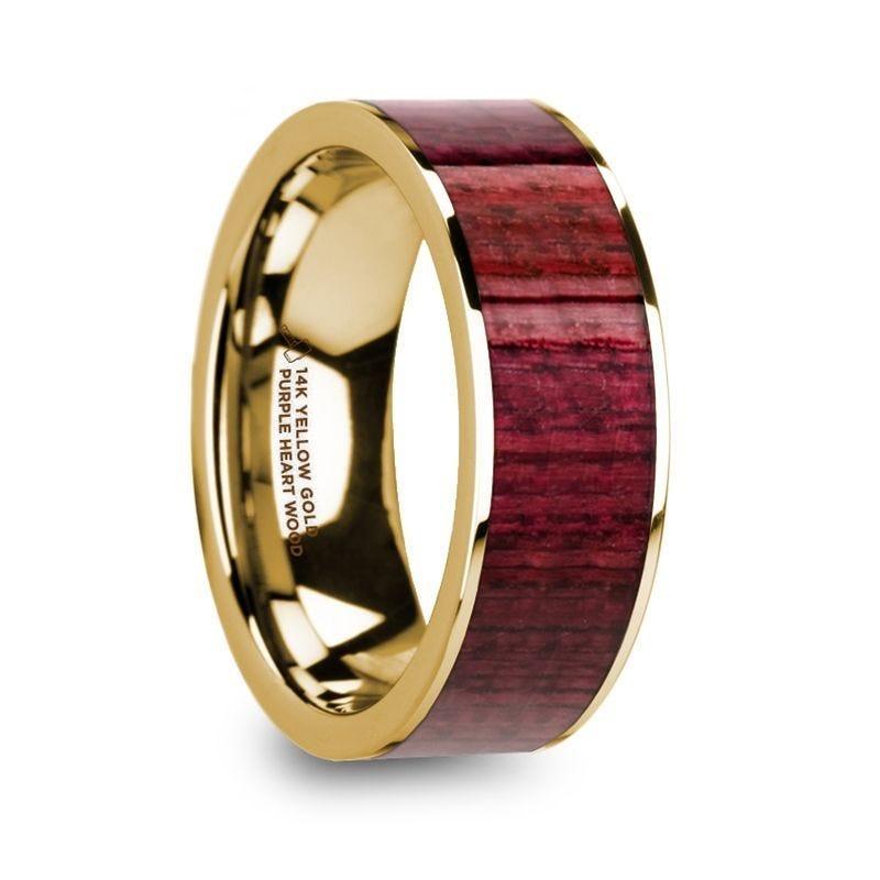 PHILO Polished 14k Yellow Gold Men's Wedding Ring with Purpleheart Wood Inlay - 8mm - Thorsten Rings