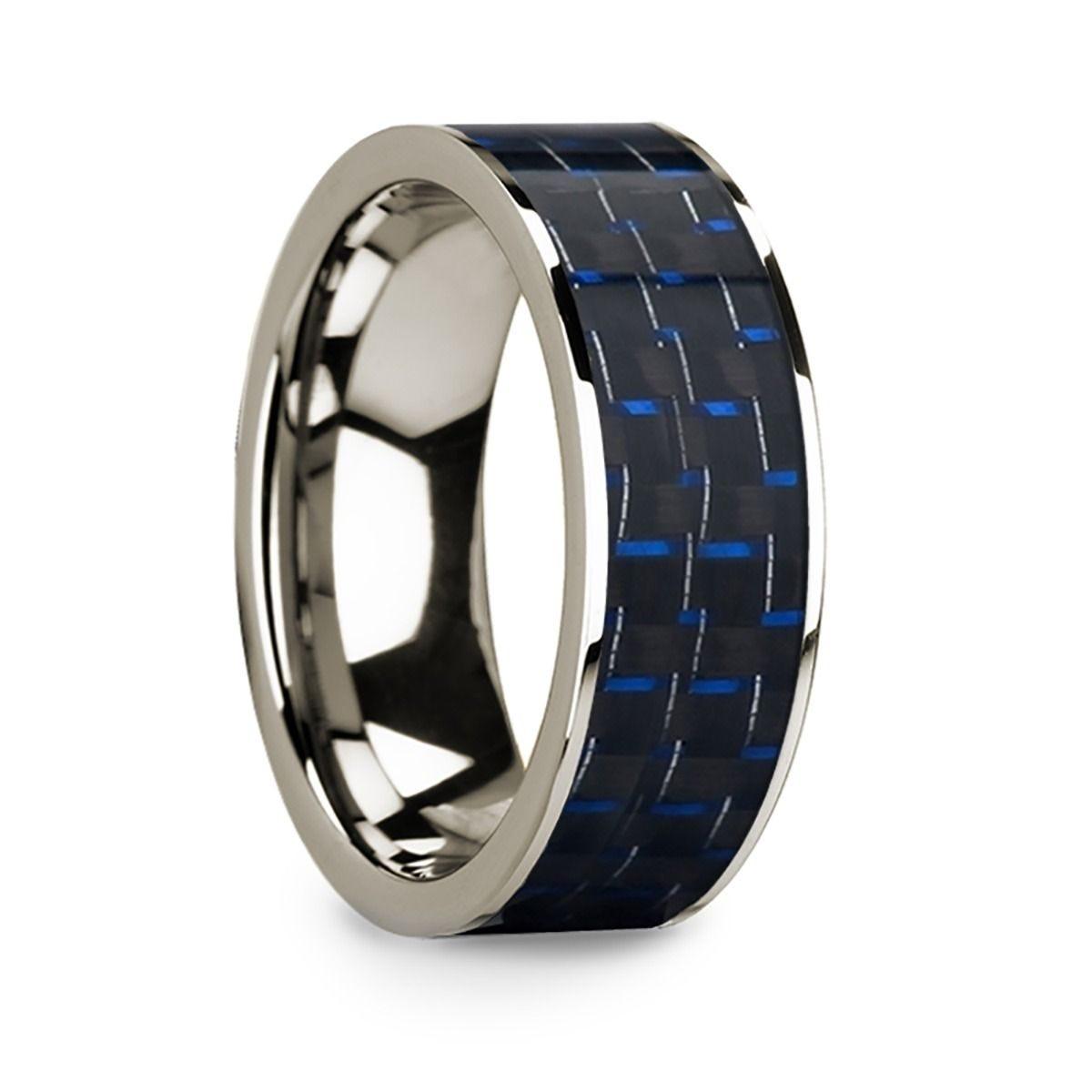 Blue & Black Carbon Fiber Inlaid Polished 14k White Gold Men's Flat Wedding Ring - 8mm - Thorsten Rings