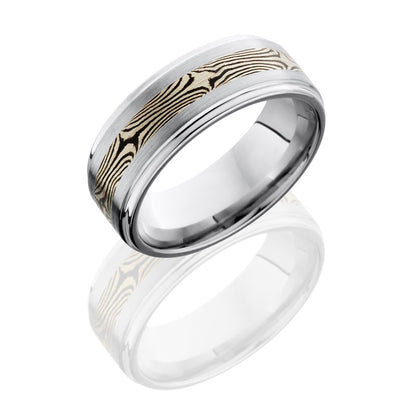 Lashbrook Cobalt Chrome 8mm Flat Band With Grooved Edges And 3mm Mokume Inlay CC8FGE13/M14KWSH