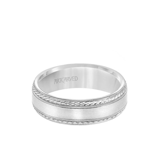 6.5mm men���s satin finish wedding band with rope and milgrain accents