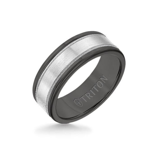 8MM Black Tungsten Carbide Ring - Flat Milgrain 14K White Gold Insert with Round Edge