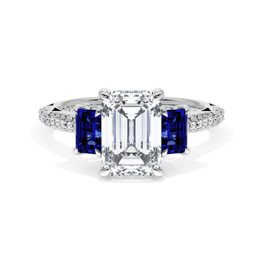 Emerald 3-Stone Engagement Ring in Blue Sapphire