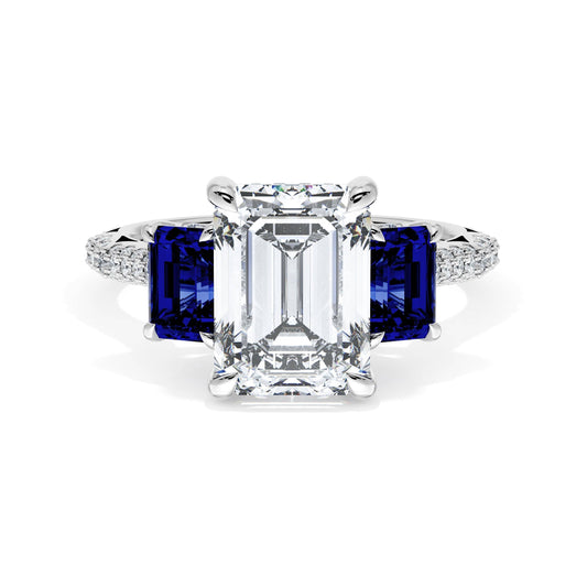 Emerald 3-Stone Engagement Ring in Blue Sapphire