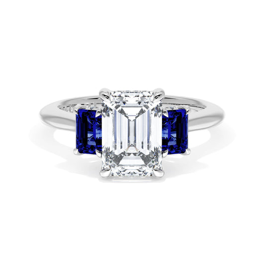 Emerald 3-Stone Engagement Ring in Blue Sapphire