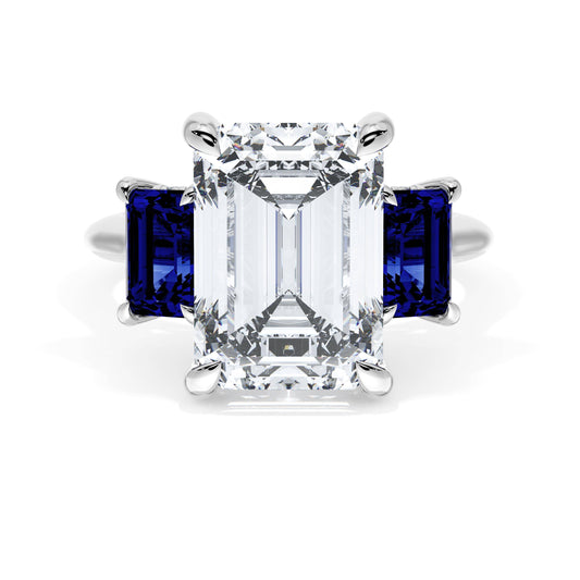 Emerald 3-Stone Engagement Ring in Blue Sapphire