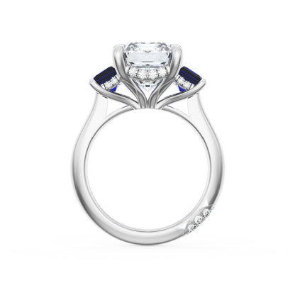 Emerald 3-Stone Engagement Ring in Blue Sapphire