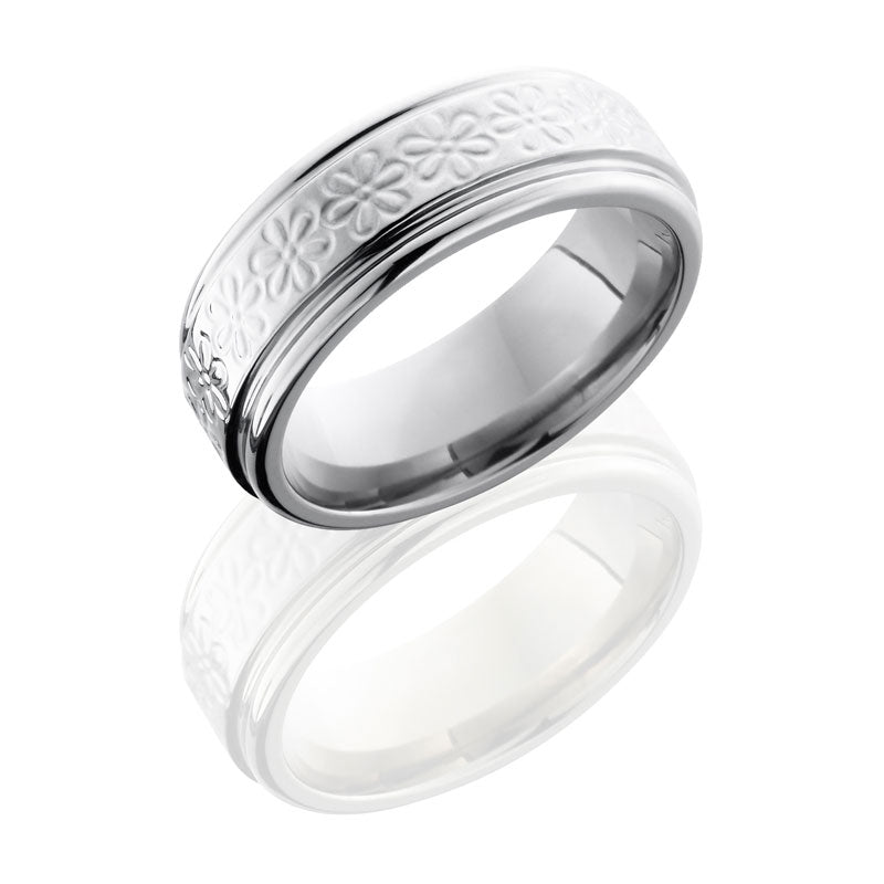Lashbrook Titanium 8mm Flat Band With Rounded Edges And Flower Pattern 8REFFLWR