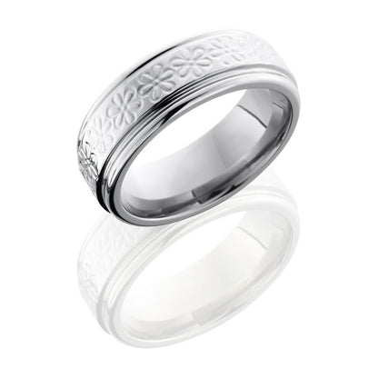 Lashbrook Titanium 8mm Flat Band With Rounded Edges And Flower Pattern 8REFFLWR
