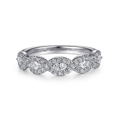 14K White Gold Round and Marquise Halo Station Diamond Anniversary Band