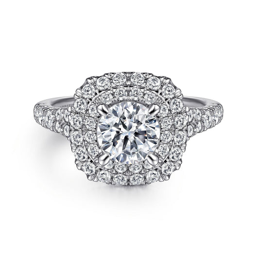 Platinum Cushion Double Halo Round Diamond Engagement Ring
