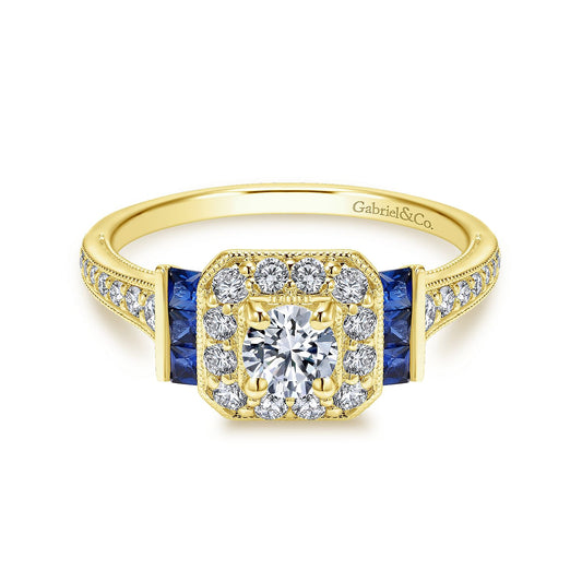 14K Yellow Gold Round Halo Sapphire and Diamond Channel Set Engagement Ring