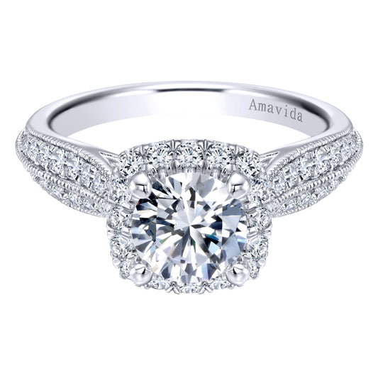 Vintage Inspired 18K White Gold Round Halo Diamond Engagement Ring