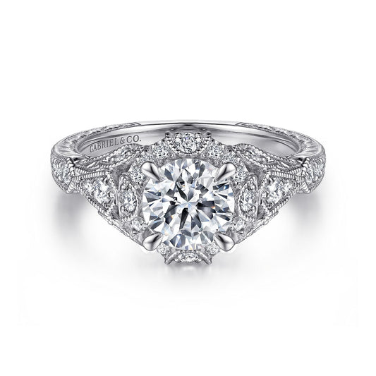 Unique 14K White Gold Vintage Inspired Diamond Halo Engagement Ring