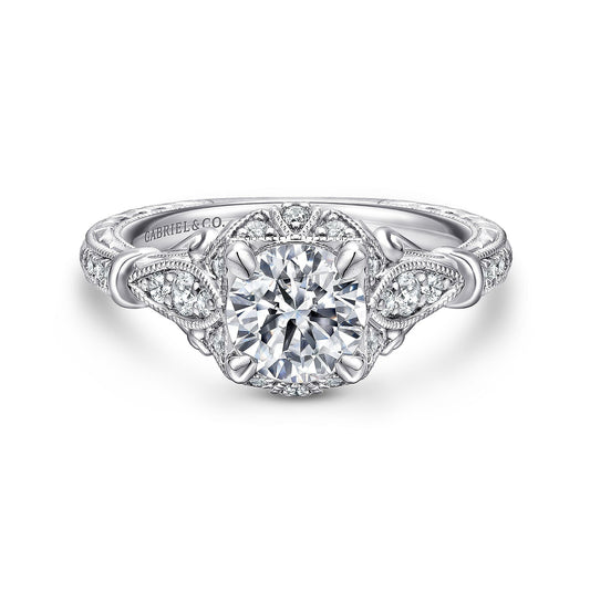Unique 14K White Gold Vintage Inspired Halo Diamond Engagement Ring