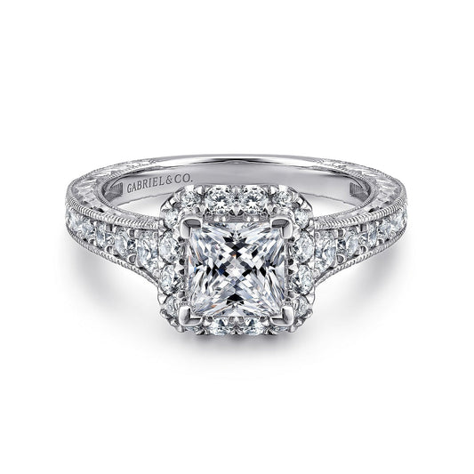 14K White-Rose Gold Princess Halo Diamond Engagement Ring