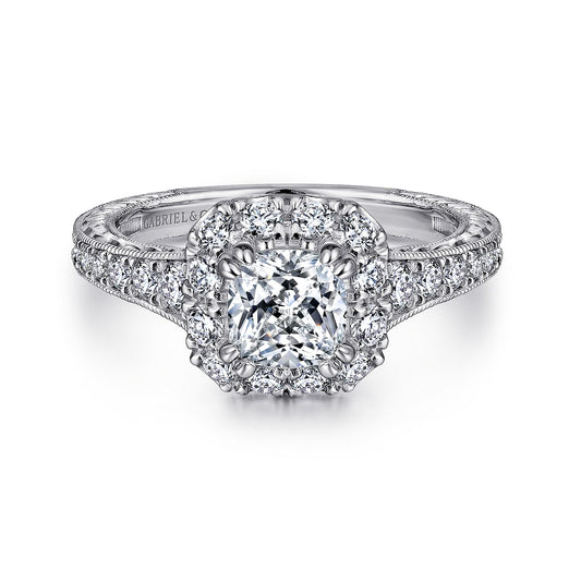 14K White-Rose Gold Cushion Halo Diamond Engagement Ring