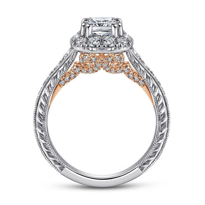 14K White-Rose Gold Cushion Halo Diamond Engagement Ring