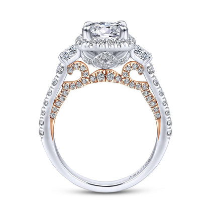 18K White-Rose Gold Cushion Three Stone Halo Round Diamond Engagement Ring