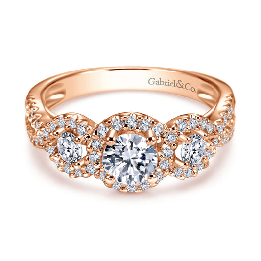 14K Rose Gold Round Three Stone Halo Diamond Engagement Ring