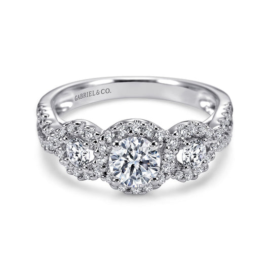 14K White Gold Round Three Stone Halo Diamond Engagement Ring