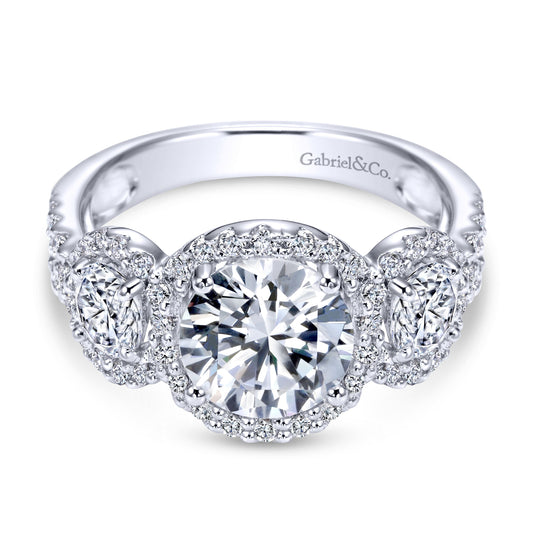 14K White Gold Round Three Stone Halo Diamond Engagement Ring