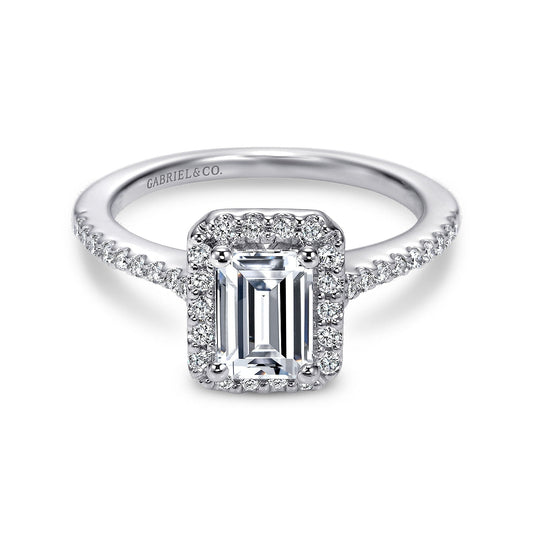 14K White Gold Emerald Halo Diamond Engagement Ring