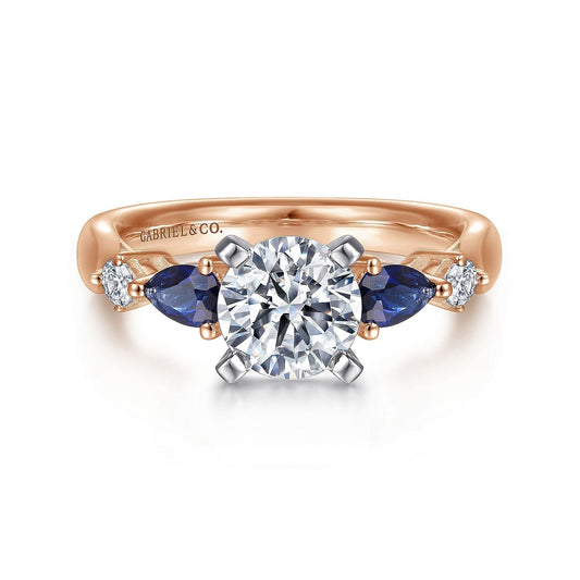 14K White-Rose Gold Round Five Stone Sapphire and Diamond Engagement Ring