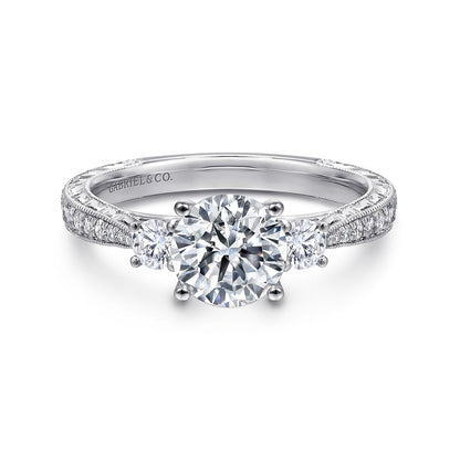 Vintage Inspired 14K White Gold Round Three Stone Diamond Engagement Ring