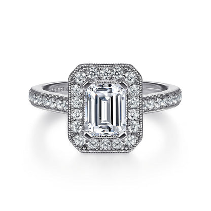 Vintage Inspired 14K White Gold Emerald Halo Diamond Engagement Ring