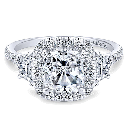 14K White Gold 3 Stone Diamond Cushion Cut Halo 14K White Gold Engagement Ring ER9189W44Jj
