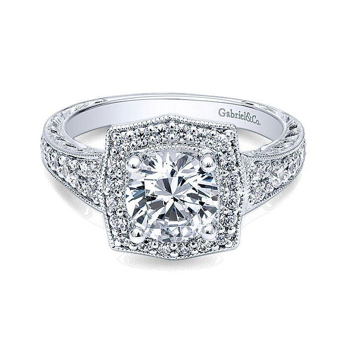 14K White Gold Channel ANd Hand Cut Etched Round Halo Diamond 14K White Gold Engagement Ring ER10191