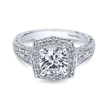 14K White Gold Channel ANd Hand Cut Etched Round Halo Diamond 14K White Gold Engagement Ring ER10191
