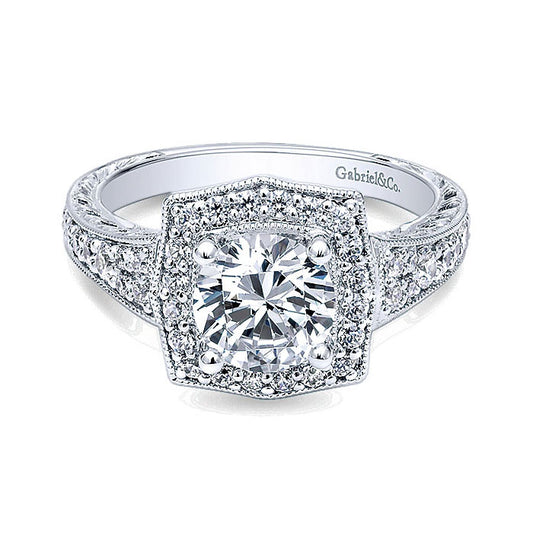 14K White Gold Channel ANd Hand Cut Etched Round Halo Diamond 14K White Gold Engagement Ring ER10191