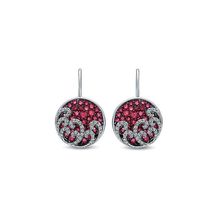 14k White Gold Diamond And Ruby Drop Earrings