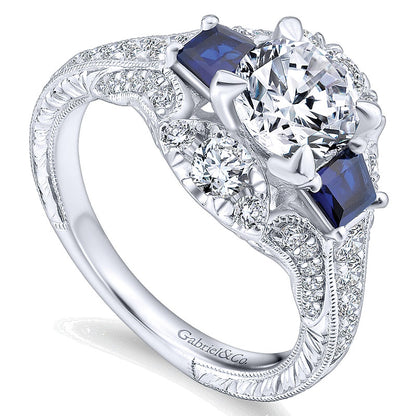 14K White Gold Diamond ANd SApphire 3 Stones 14K White Gold Engagement Ring ER12577R4W44SA