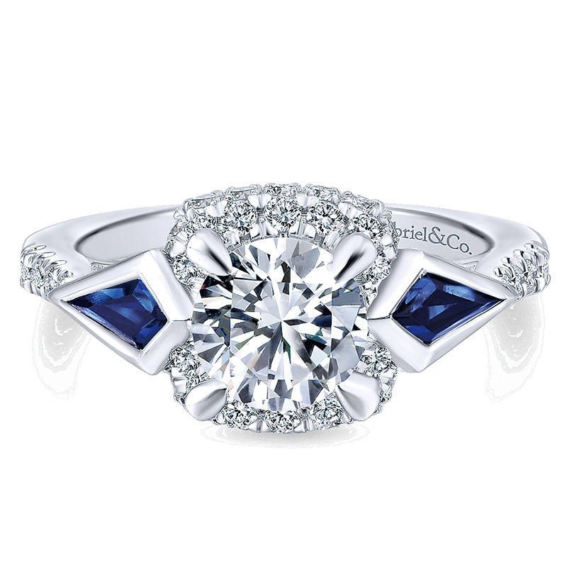 14K White Gold Diamond ANd SApphire 3 Stones Halo 14K White Gold Engagement Ring ER12127R4W44SA