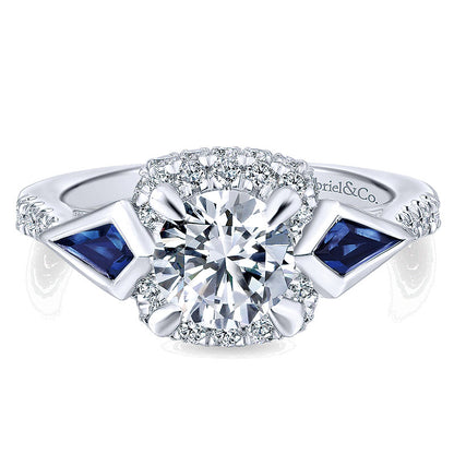 14K White Gold Diamond ANd SApphire 3 Stones Halo 14K White Gold Engagement Ring ER12127R4W44SA