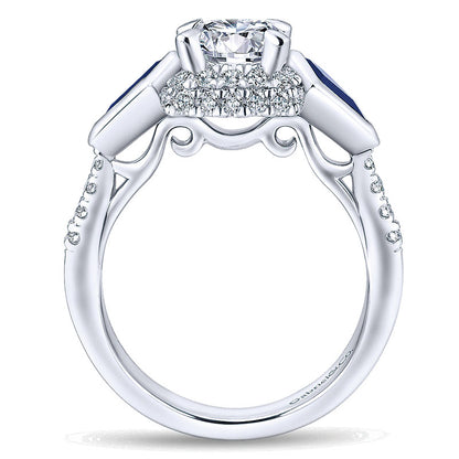 14K White Gold Diamond ANd SApphire 3 Stones Halo 14K White Gold Engagement Ring ER12127R4W44SA