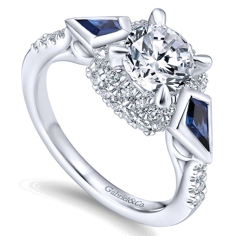 14K White Gold Diamond ANd SApphire 3 Stones Halo 14K White Gold Engagement Ring ER12127R4W44SA