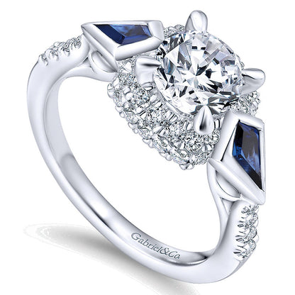 14K White Gold Diamond ANd SApphire 3 Stones Halo 14K White Gold Engagement Ring ER12127R4W44SA